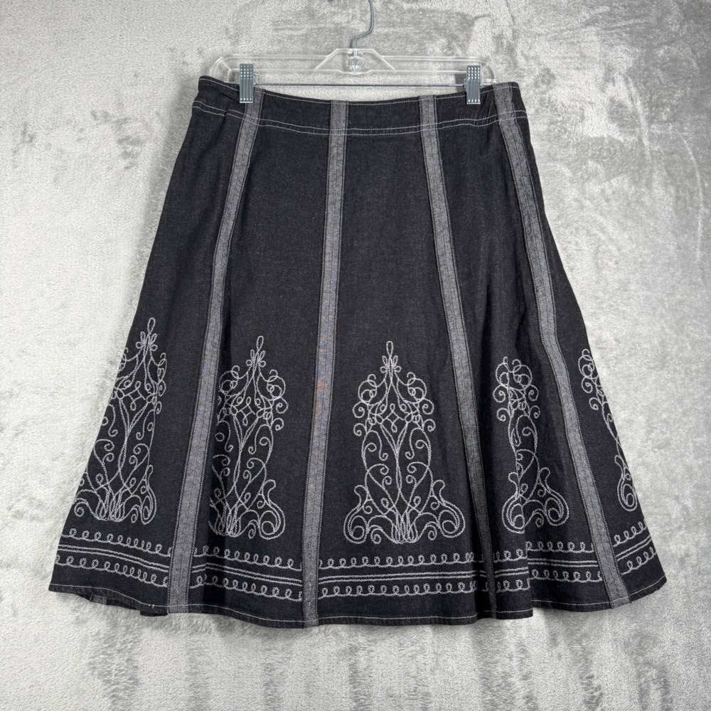 Denim & Co Skirt Women 12 Black A-Line Embroidered Dark Wash‎ Denim Casual Boho - Picture 3 of 8